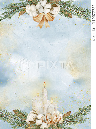 Template for Christmas greeting cards or New Year invitations with spruce branches, cones and cotton balls. Watercolor illustration of frame with candles for Xmas design. Drawing of border. 119677785
