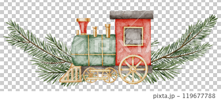 Vintage Train with spruce branches. Watercolor illustration of retro baby Toy and fir twigs for Christmas childish greeting cards or New Year invitations. Drawing of childish locomotive for postcards. Vintage Train with spruce branches. Watercolor illustration of retro baby Toy and fir twigs for Christmas childish greeting cards or New Year invitations. Drawing of childish locomotive for postcards. 119677788