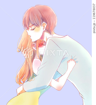 切ない表情で抱き合う男女 119678037