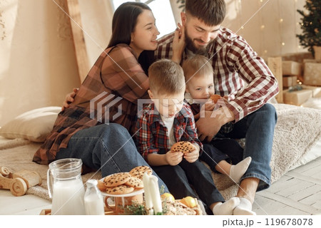 Mother, father and two their sons sitting near Christmas tree. Boys with parents eating cookies with chocolate together. Woman, man and two boys wearing plaid shirts. 119678078