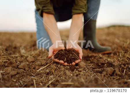 Close-up of a woman farmer's hands with black soil in an agricultural field. Ecology concept. Close-up of a woman farmer's hands with black soil in an agricultural field. Ecology concept. 119678170