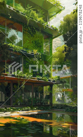 The community center features green walls and renewable energy systems, emphasizing clean technology and eco-conscious architecture in a modern facility 119678248