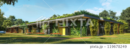 With green walls and integrated renewable energy systems, this community center represents a forward-thinking approach to sustainable and efficient building design, banner With green walls and integrated renewable energy systems, this community center represents a forward-thinking approach to sustainable and efficient building design, banner 119678249