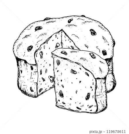Hand drawn ink vector illustration of traditional Italian Christmas pastry Panettone. Sketchy style clip art of festive raisin pie suitable for New Year print, bakery packaging, pastry shop, cafe menu 119678611