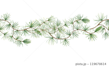 European Larch branches watercolor horizontal seamless banner. Christmas pine tree twig with needles. Coniferous evergreen for winter theme, Xmas and New Year textile, package 119678614