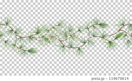 European Larch branches watercolor horizontal seamless banner. Christmas pine tree twig with needles. Coniferous evergreen for winter theme, Xmas and New Year textile, package 119678614