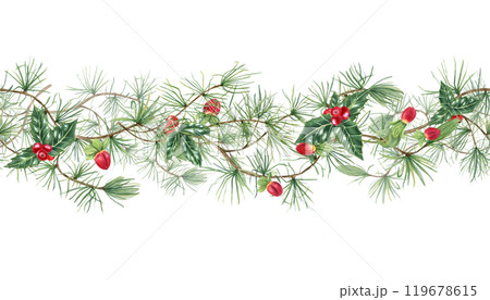 Green pine branches with red berries watercolor horizontal seamless banner. Evergreen branch with St Johns wort berry, Holly berries Xmas illustration for holiday decor, textile, package 119678615