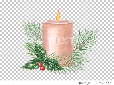 Christmas burning candle with red holly berries and green fir branches watercolor illustration. Paraffin wax candle with winter evergreen for New Year holiday greeting cards in vintage style 119678617