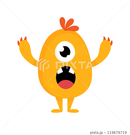 Cute cartoon monster. Funny yellow cyclops creature in childish style with big mouth and tooth. Vector illustration Cute cartoon monster. Funny yellow cyclops creature in childish style with big mouth and tooth. Vector illustration 119678719