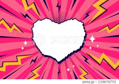 Bright pop art comic cover with zigzag thunder lightnings, rays and dots. Retro style dynamic background with empty torn paper heart shape for text 119678755
