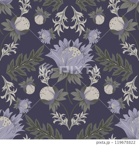 Seamless floral vector pattern with flowers buds and leaves. Illustration of a floral composition in William Morris style for greeting cards and textile. Seamless floral vector pattern with flowers buds and leaves. Illustration of a floral composition in William Morris style for greeting cards and textile. 119678822