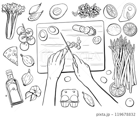 Human Hands Cutting Vegetable on Cutting Board and Food Ingredients. Doodle Vector Food Top View Illustration 119678832
