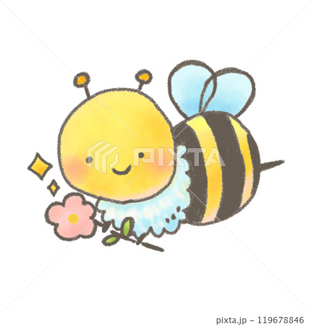 お花を持って楽しそうに飛んでるかわいいミツバチのキャラクター お花を持って楽しそうに飛んでるかわいいミツバチのキャラクター 119678846