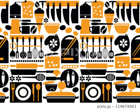 Kitchen Tools Seamless Pattern. Vector Cook Utensil Signs on White Background 119678861
