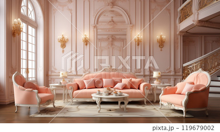 Classical living room interior in peach tones Classical living room interior in peach tones 119679002