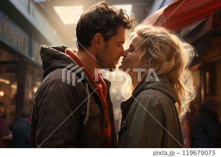beautiful couple kissing on the street, romance, valentine's day 119679073