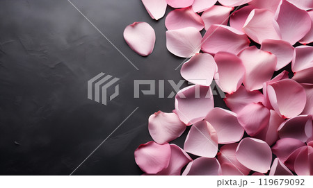 Beautiful background with pink rose petals on a gray concrete background. Romance, Love, Valentine's Day, International Women's Day. Beautiful background with pink rose petals on a gray concrete background. Romance, Love, Valentine's Day, International Women's Day. 119679092