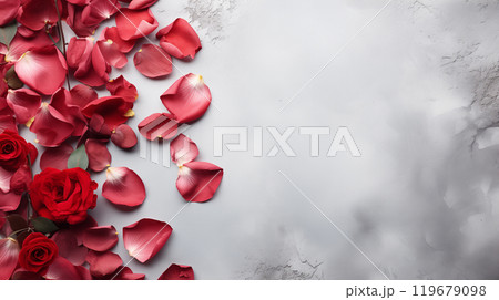 Red rose petals on a gray concrete background. Valentine's Day, International Women's Day. 119679098