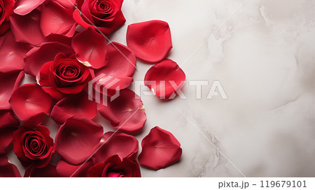 Red rose petals on a gray concrete background. Valentine's Day, International Women's Day. Red rose petals on a gray concrete background. Valentine's Day, International Women's Day. 119679101
