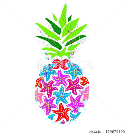 Colorful starfish pineapple on a white background. Marine theme, illustration for t-shirt design, greeting card, invitation. 119679190