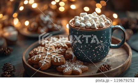 Hot chocolate with marshmallows and festive cookies 119679252