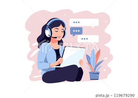 Customer service concept. Woman with headphones and microphone with laptop. Support, assistance, call center. Vector illustration. Flat style 119679290