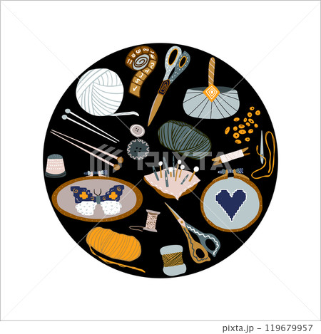 Needlework round compose black background vector Needlework round compose black background vector 119679957