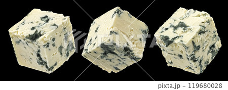 Blue cheese cubes isolated on black background, package design element 119680028