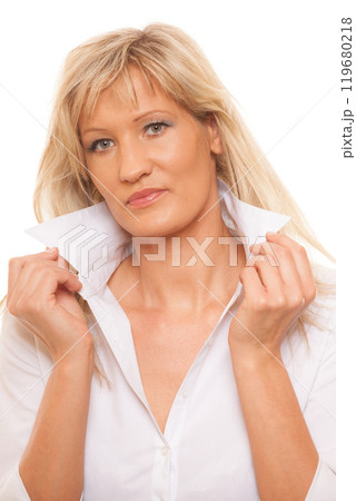 Portrait mature business woman isolated 119680218