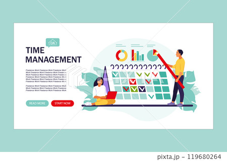 Timing and project scheduling. Landing page. Concept of time management, work planning method, organization of daily goals and accomplishments. Vector illustration. Flat. Timing and project scheduling. Landing page. Concept of time management, work planning method, organization of daily goals and accomplishments. Vector illustration. Flat. 119680264