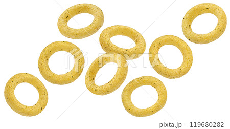 Crispy onion rings isolated on white background with clipping path, package design element 119680282