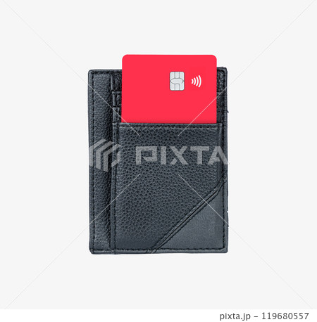 A black leather wallet holds a vibrant red contactless card A black leather wallet holds a vibrant red contactless card 119680557