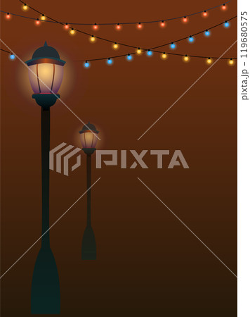 The lantern shines at night. The garland in the sky will light up. celebration and light. 119680575