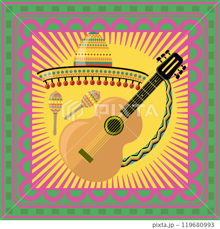 Vector Mexican festival Cinco de mayo. Banner for party. Traditional holiday. Sombrero, guitar and maracas Vector Mexican festival Cinco de mayo. Banner for party. Traditional holiday. Sombrero, guitar and maracas 119680993
