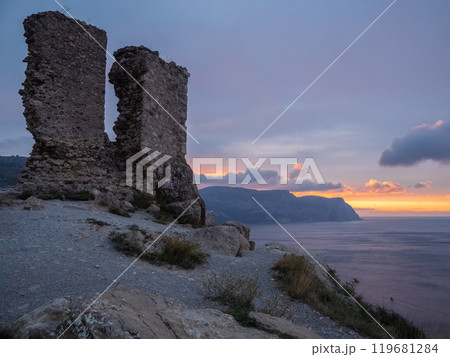 Twilight with a view of the ruins of the fortress. Twilight with a view of the ruins of the fortress. 119681284