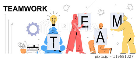 Teamwork concept in flat cartoon design for web banner. People work together in collaboration, supporting each other, connecting project blocks, brainstorming and develop startup. Vector illustration. 119681327