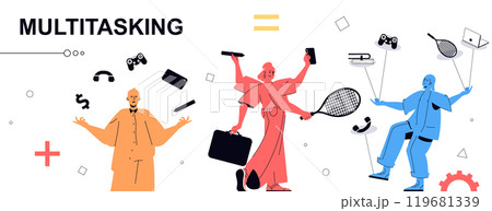 Multitasking concept in flat cartoon design for web banner. People doing different tasks in same time in office, managing time for work, playing, talking, earning money, other. Vector illustration. 119681339