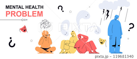 Mental health problem concept in flat cartoon design for web banner. People suffering fears and anxiety, feeling negative emotions, stress and nervous illness, need psychotherapy. Vector illustration. Mental health problem concept in flat cartoon design for web banner. People suffering fears and anxiety, feeling negative emotions, stress and nervous illness, need psychotherapy. Vector illustration. 119681340