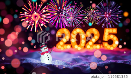 Snowman with fireworks celebrating 2025. AI generation 119681586
