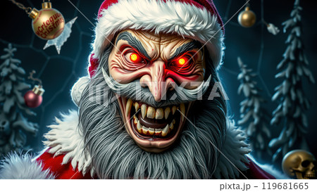 Frightening demonic Santa with glowing eyes. AI generation 119681665
