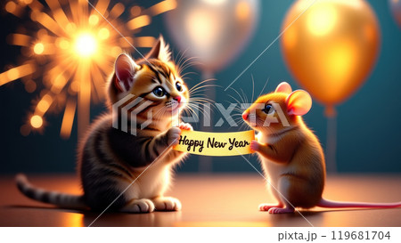 Cat and mouse sharing New Year's wish. AI generation 119681704