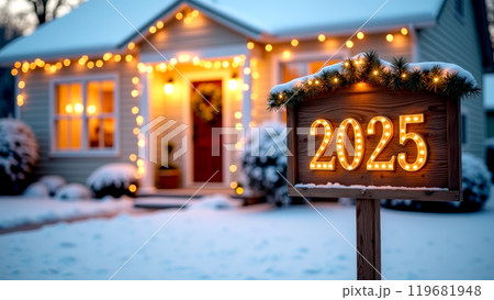 Wooden sign with 2025 in front of decorated house. AI generation 119681948
