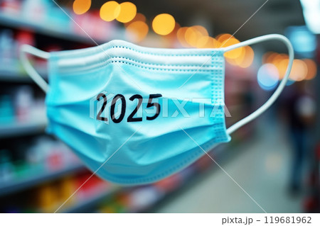 Blue face mask with 2025 text in focus. AI generation 119681962