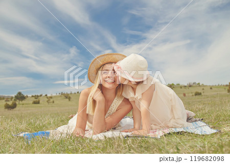 Young mother and her daughter having fun in nature park Young mother and her daughter having fun in nature park 119682098