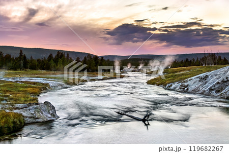 Steaming Fumaroles Along the Firehole River in the Upper Geyser Basin, Yellowstone National Park, Wyoming, United States Steaming Fumaroles Along the Firehole River in the Upper Geyser Basin, Yellowstone National Park, Wyoming, United States 119682267