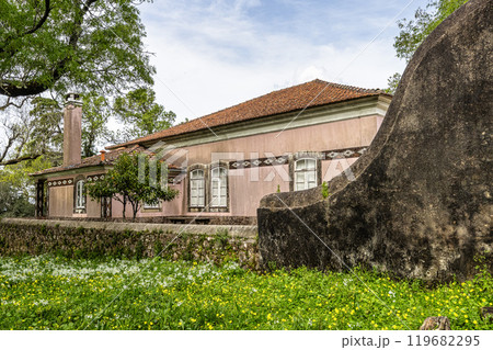 Building on the way to the cross, via crucis, trail on ancient forest of Bussaco in Luso, Aveiro in Portugal. Building on the way to the cross, via crucis, trail on ancient forest of Bussaco in Luso, Aveiro in Portugal. 119682295
