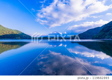 【山梨県】精進湖 湖畔から見る富士山 夕景 【山梨県】精進湖 湖畔から見る富士山 夕景 119682893