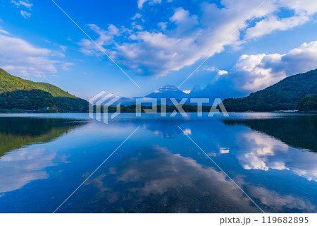 【山梨県】精進湖　湖畔から見る富士山　夕景 119682895