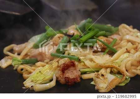 兵庫県佐用町の名物、ホルモンうどん 119682995