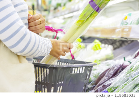 スーパーで食料品を買う女性 スーパーで食料品を買う女性 119683033